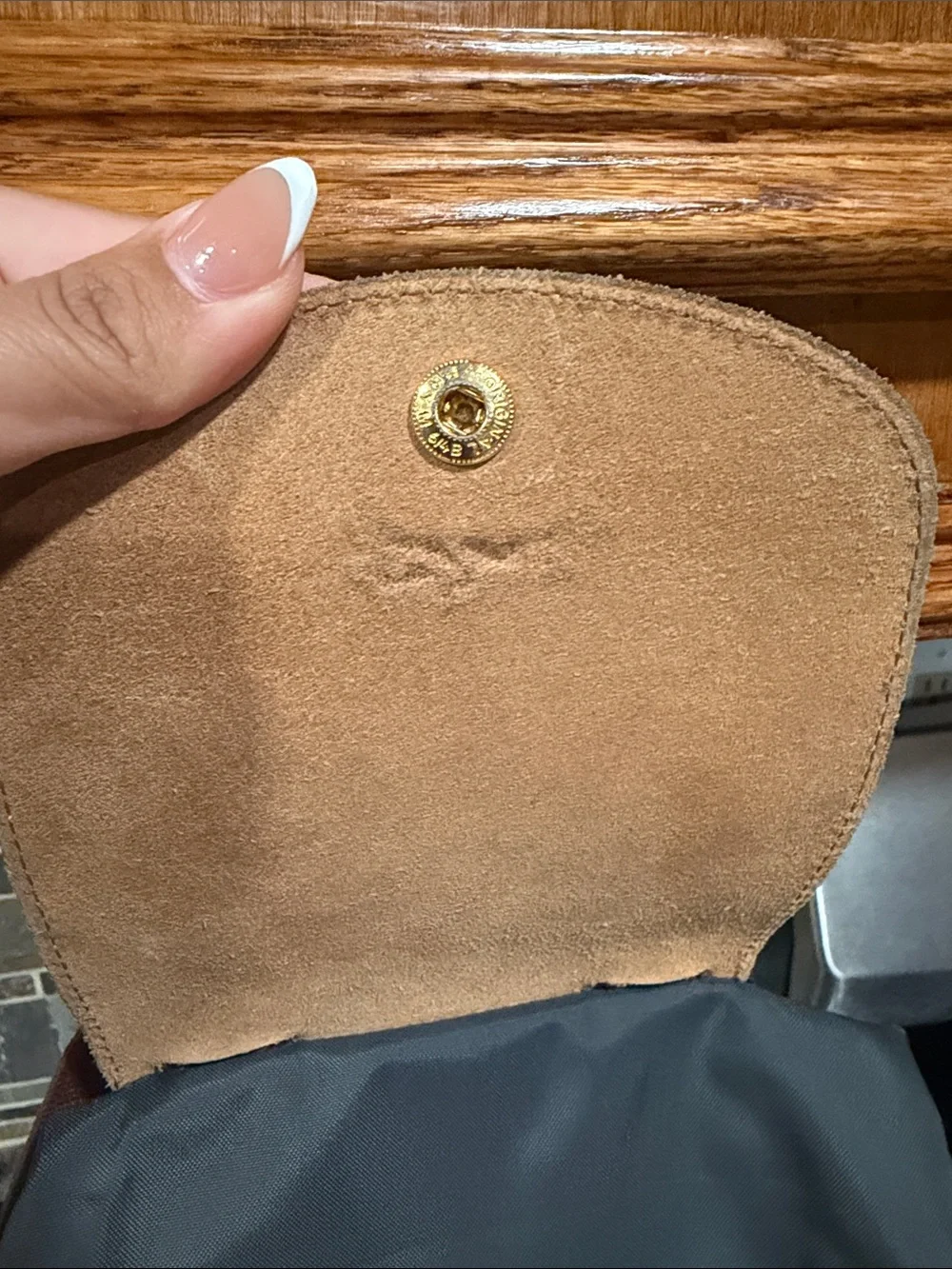 Long champ grey book bag with Brown Leather Trim